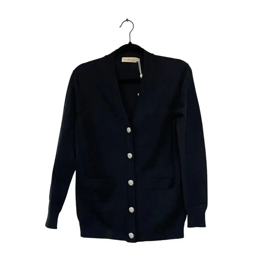 Tory Burch Womens Cardigan Sweater XS Navy Long Sleeve V Neck Wool NWT